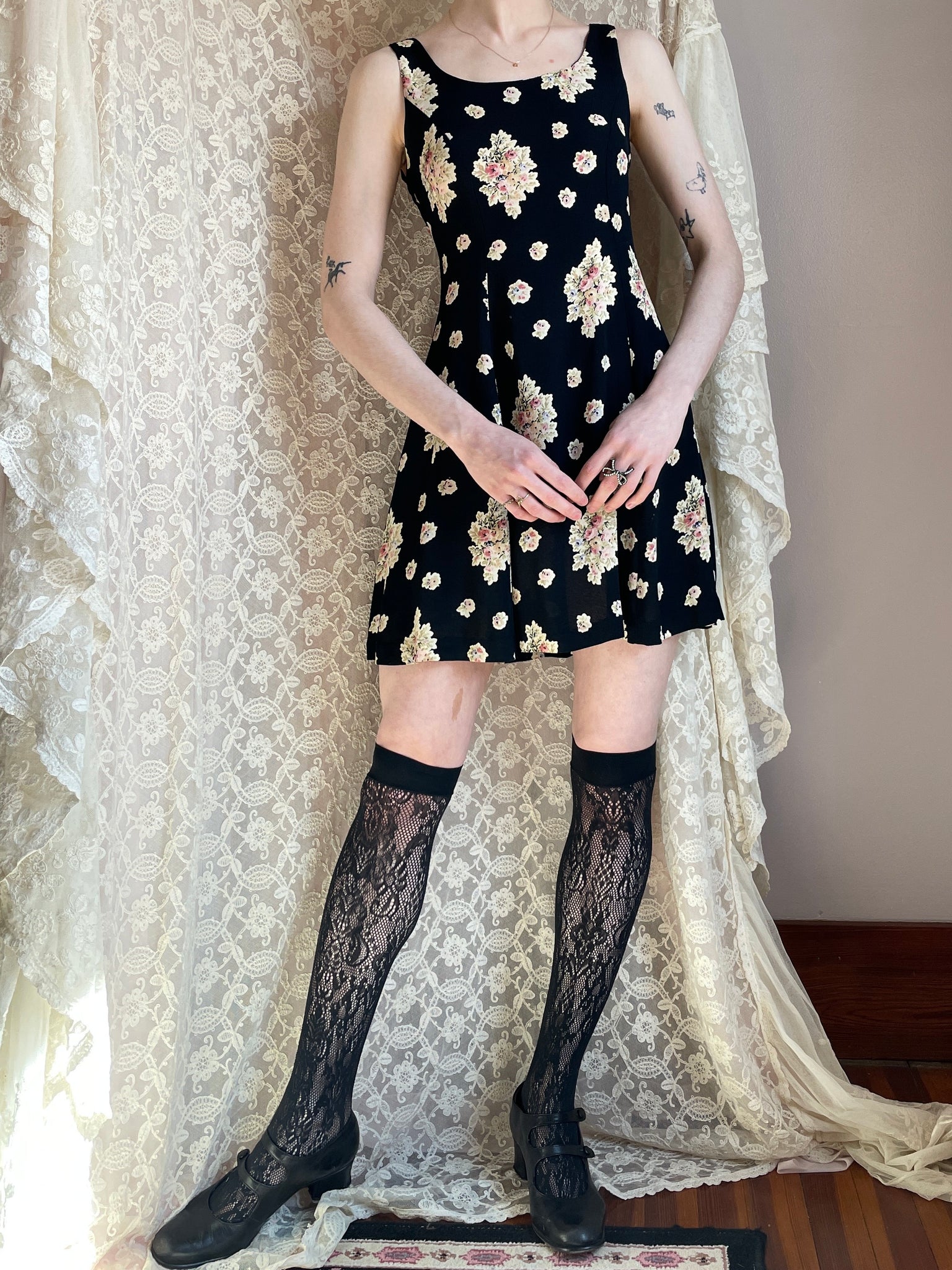 1990s Betsey Johnson Floral Print Black Rayon Mini Dress Lace Up Bow B Breath Of the Earth 1990s Betsey Johnson Floral Print Black Rayon Mini Dress Lace Up Bow B Breath Of the Earth