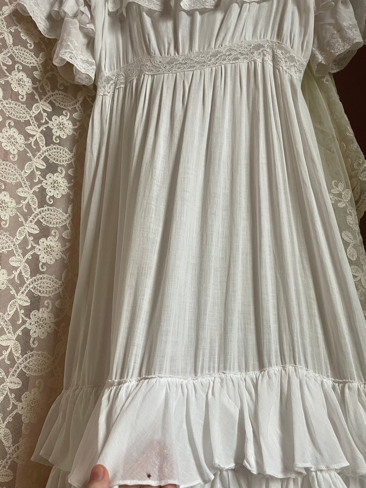 1910s White Cotton Ruffle Tiered Lace Dress