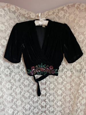 1940s Black Silk Velvet Cropped Blouse Sequin Flowers
