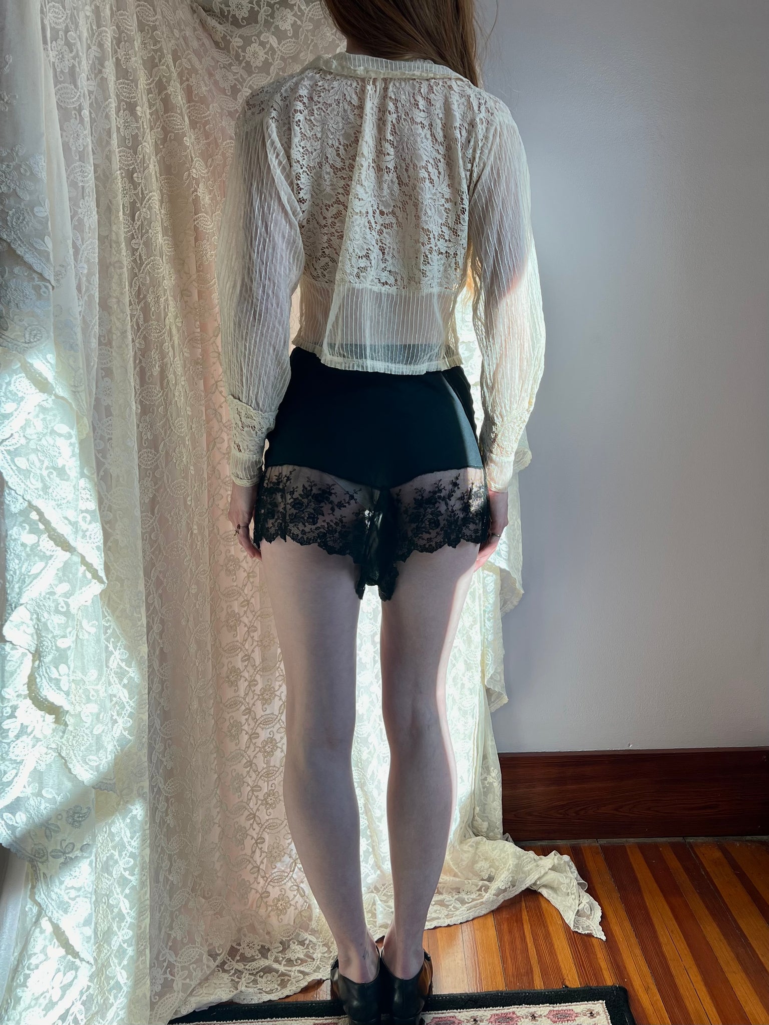 1930s Silk Chiffon Lace Tap Shorts Black