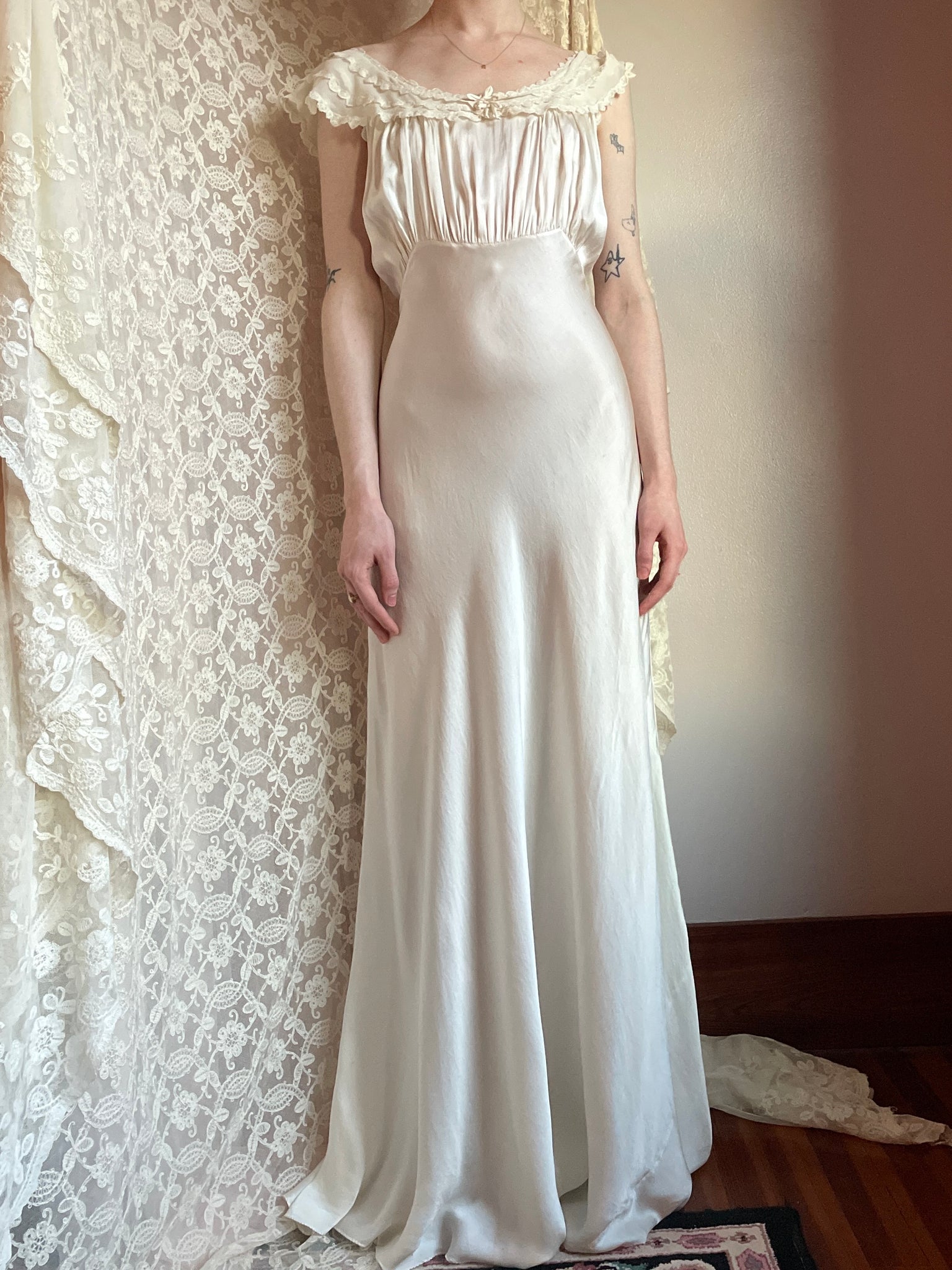 1940s Silk Chiffon Collar Bias Cut White Dress Bridal