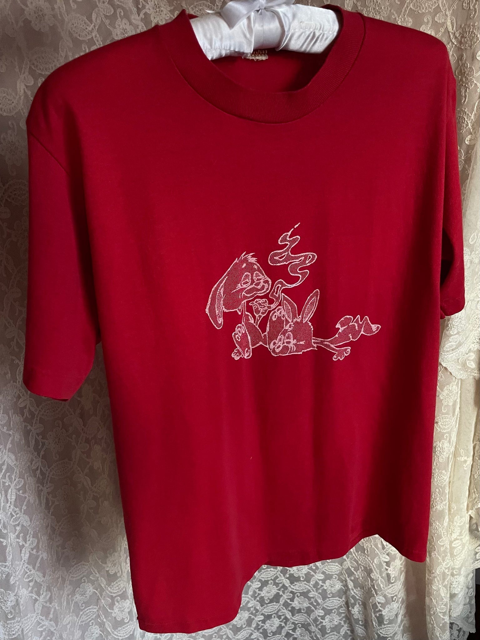 1970s Stoned Smoking Bunnies Novelty Print Red Tee T Shirt