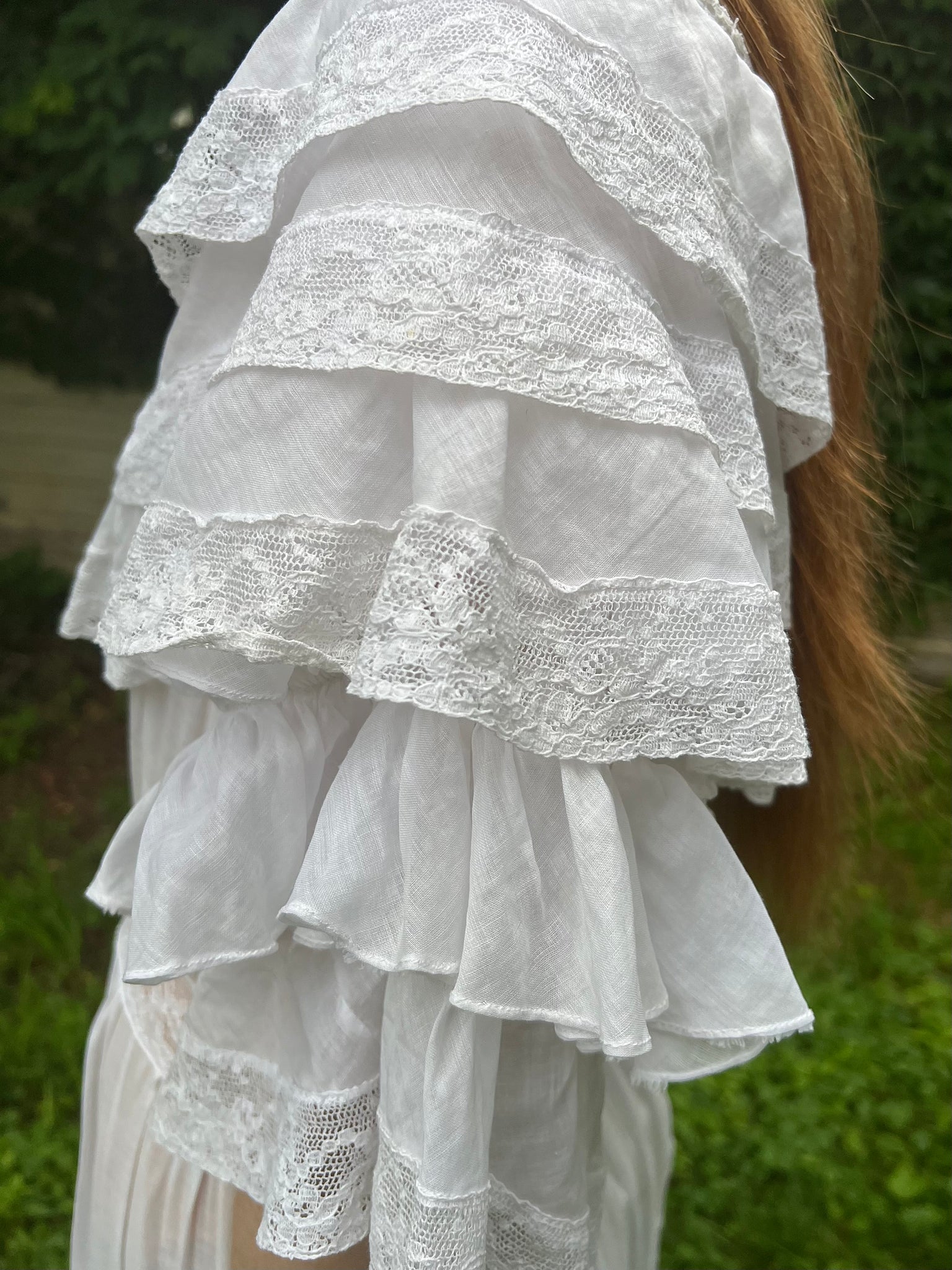 1910s White Cotton Ruffle Tiered Lace Dress