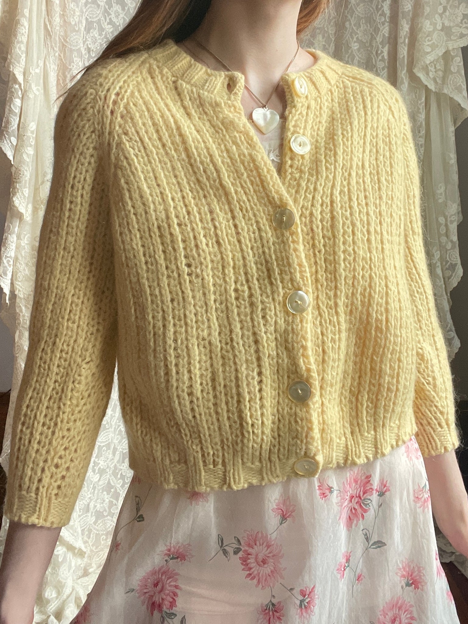 1970s Yellow Wool Cropped Cardigan Knit Sweater