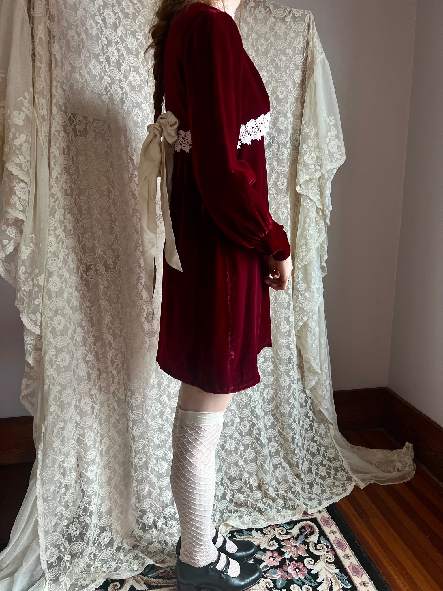 1970s Maroon Velvet Mini Dress Long Sleeves Cream Lace Trim