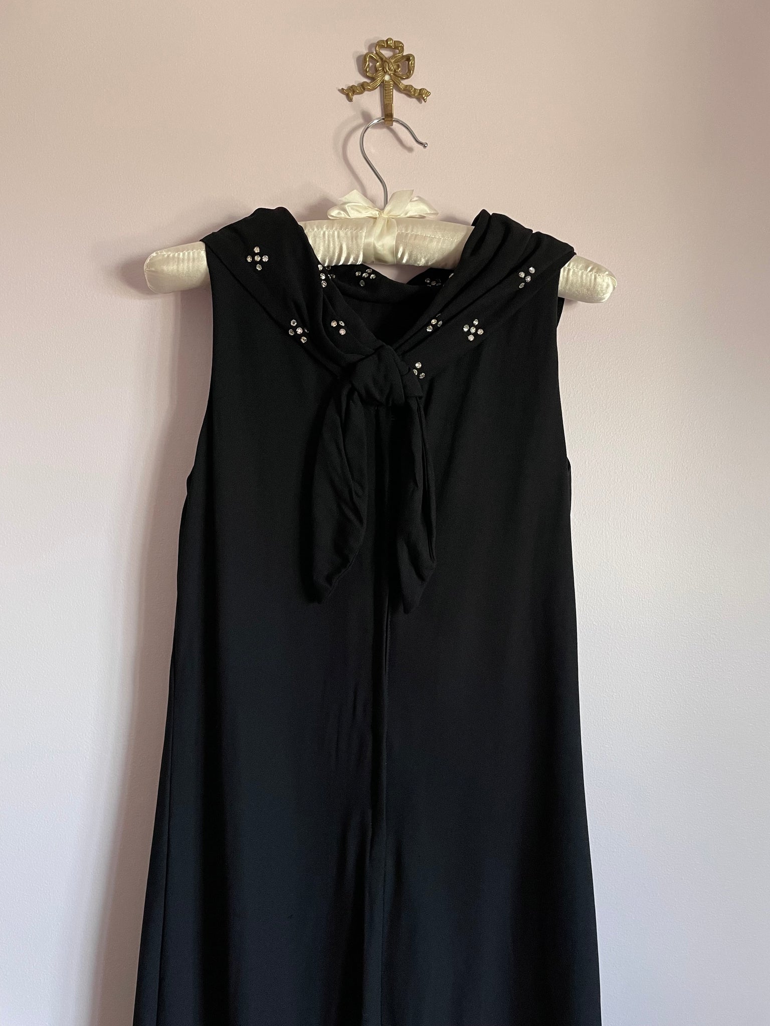 1960s Glass Rhinestone Black Crepe Dress