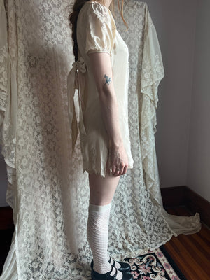 1930s Silk Floral Embroidered Mini Dress Cream Puff Sleeve Covered Buttons