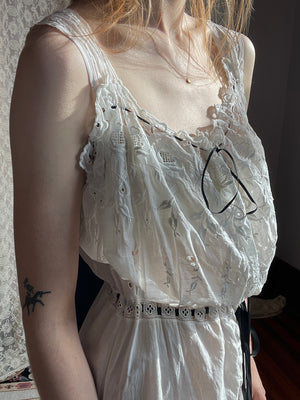Antique Edwardian 1900s White Cotton Floral Embroidered Eyelet Black Ribbon Slip Dress