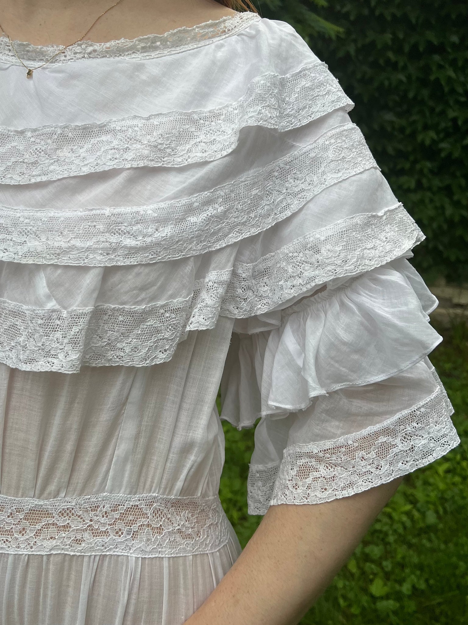 1910s White Cotton Ruffle Tiered Lace Dress