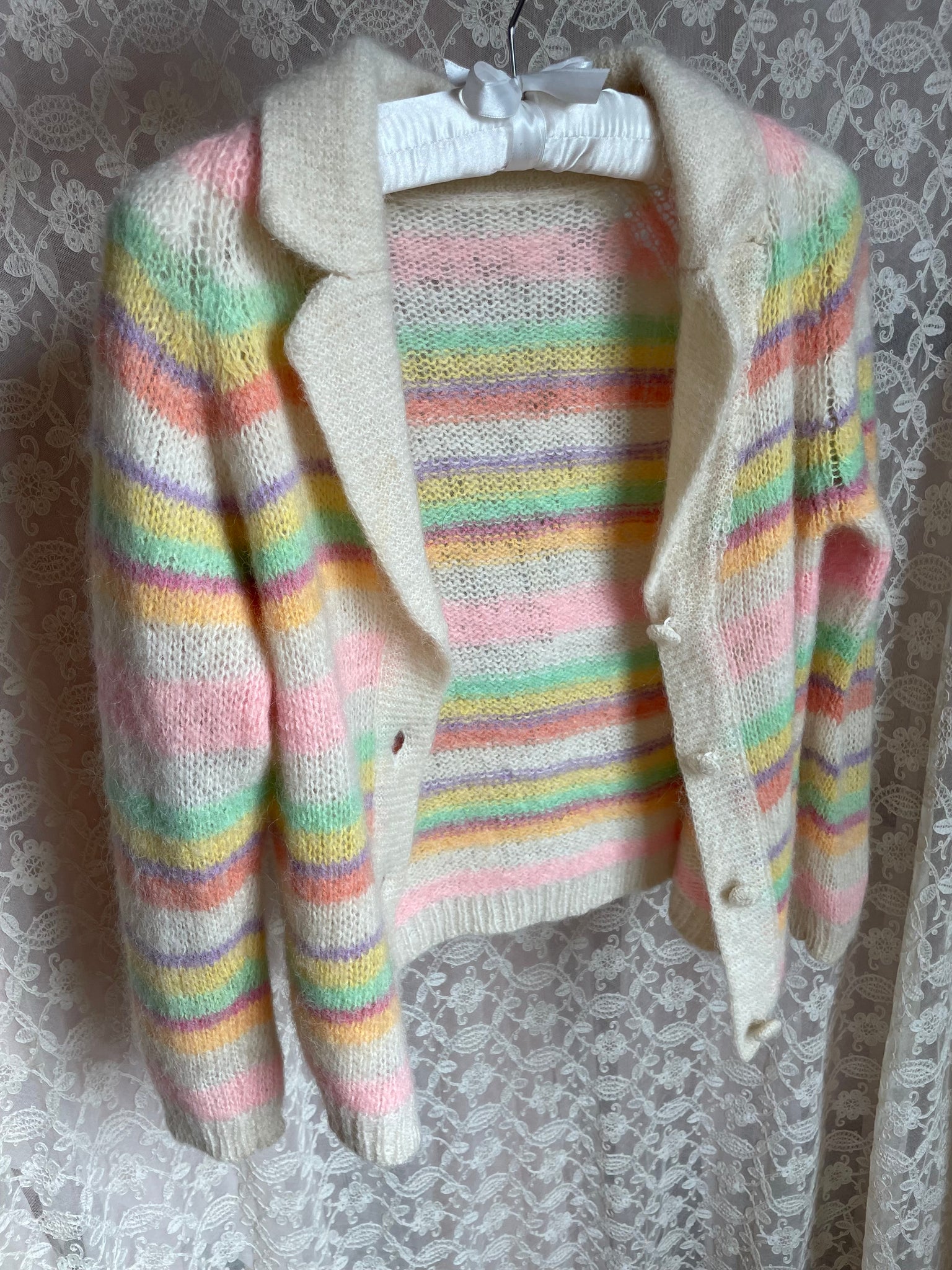 1960s Rainbow Pink Green Mohair Wool Knit Cardigan Sweater