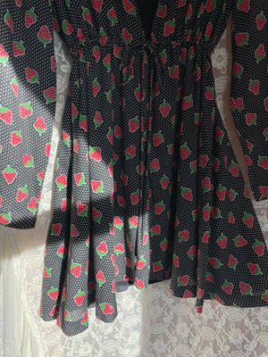 1970s Young Edwardian Strawberry Print Dotted Black Red Cotton Mini Dress