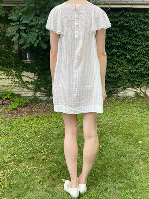 1920s White Cotton Windowpane Mini Dress Crochet Yoke