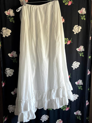 1900s White Cotton Skirt Petticoat Ruffle Hem Drawstring Ribbon Waist