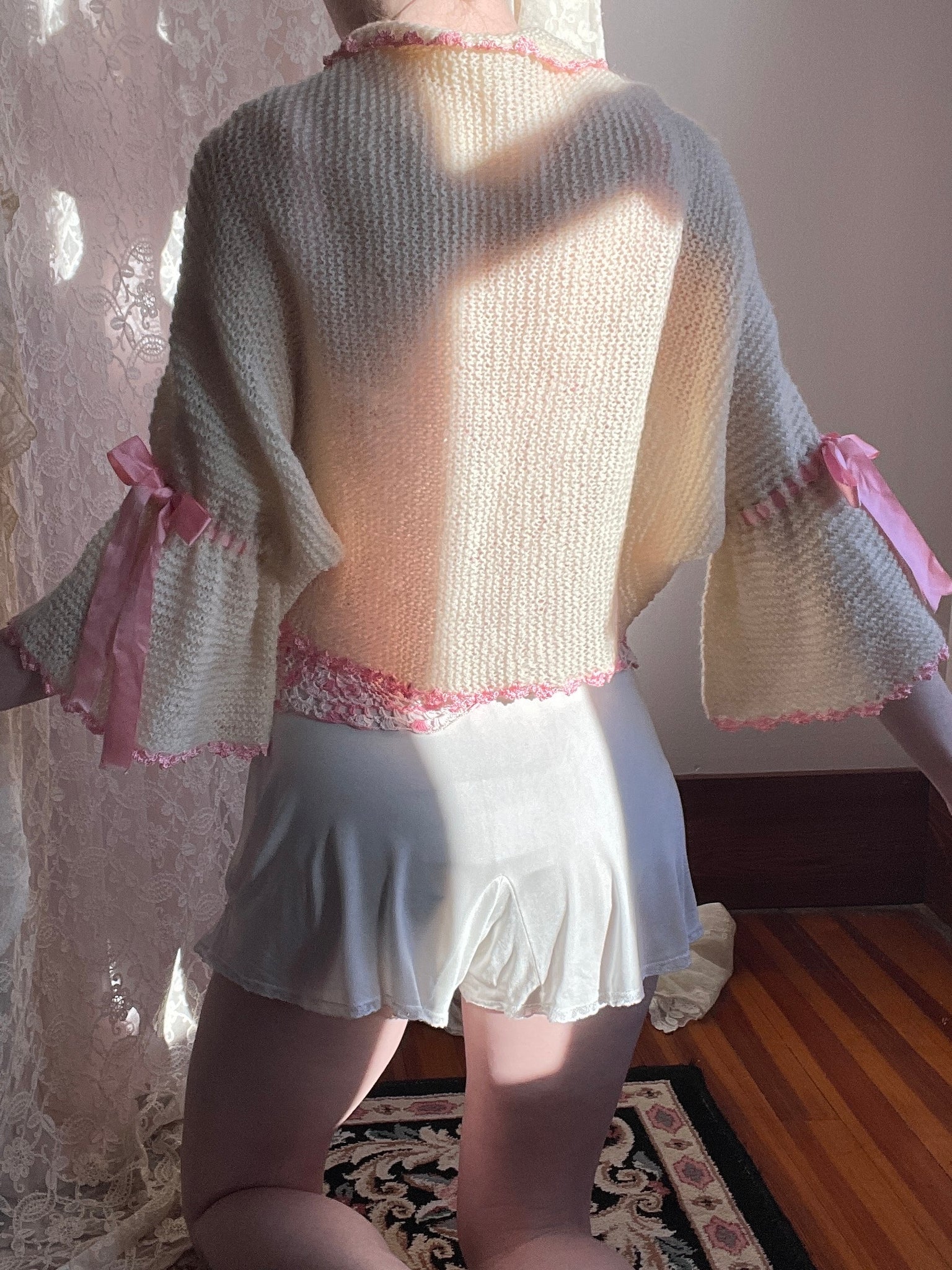 1940s Crochet Bolero Cardgian Cream Pink Ribbon Bow