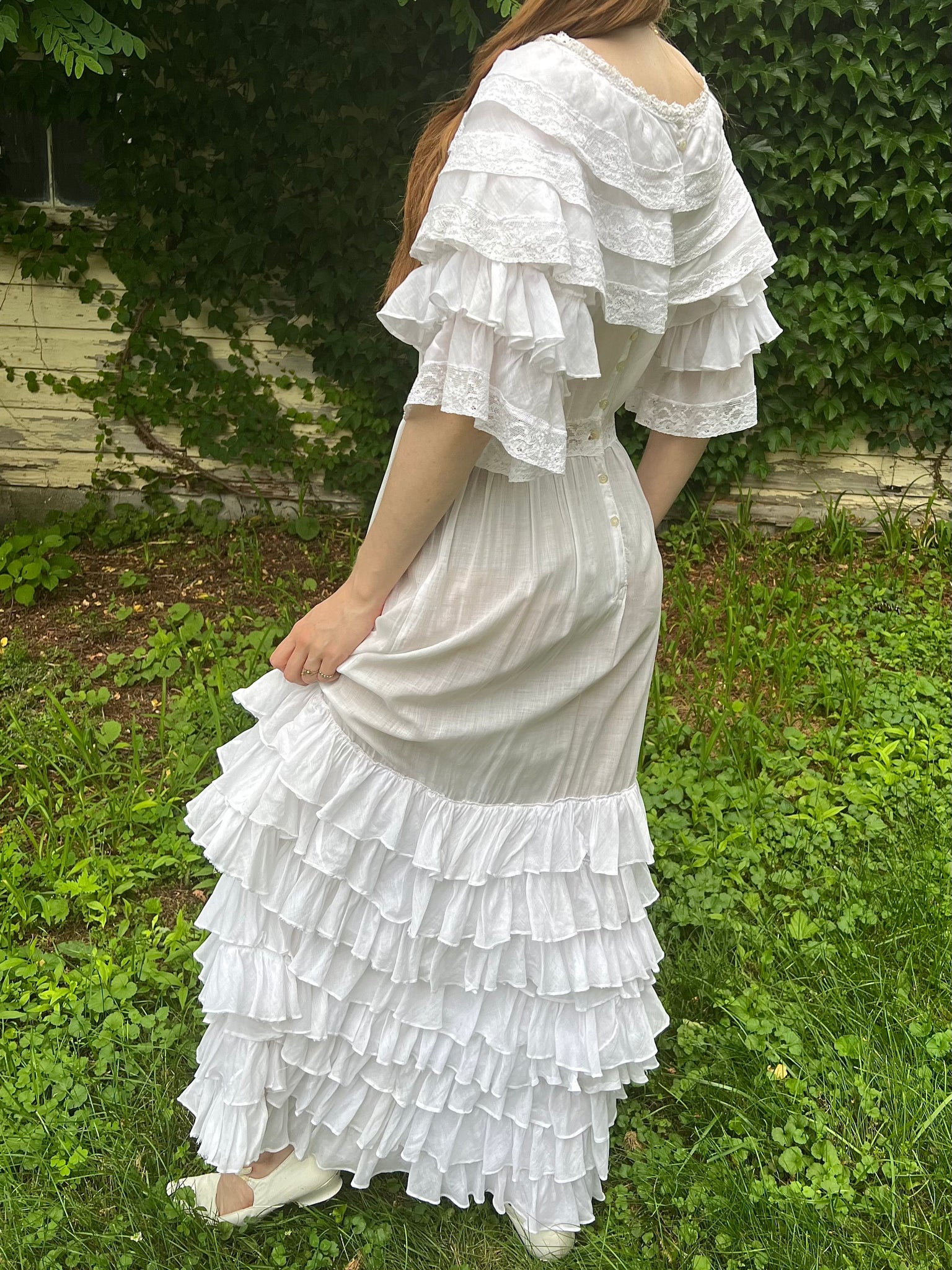 1910s White Cotton Ruffle Tiered Lace Dress