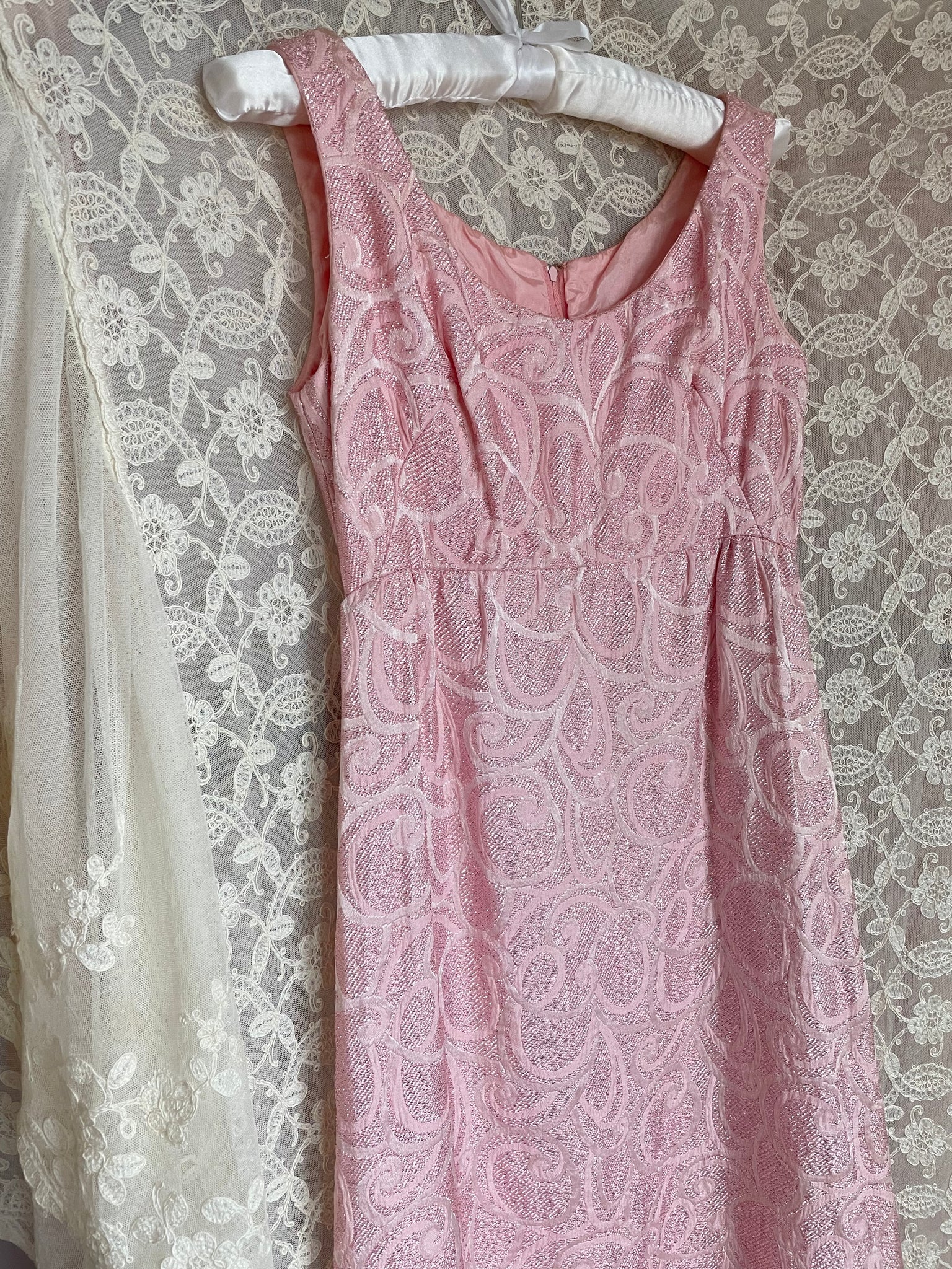 1970s Light Pink Sparkle Lurex Empire Waist Dress