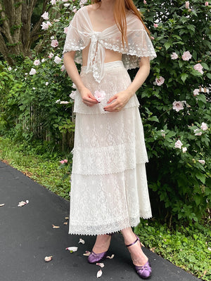 1930s White Mesh Embroidered Floral Cape