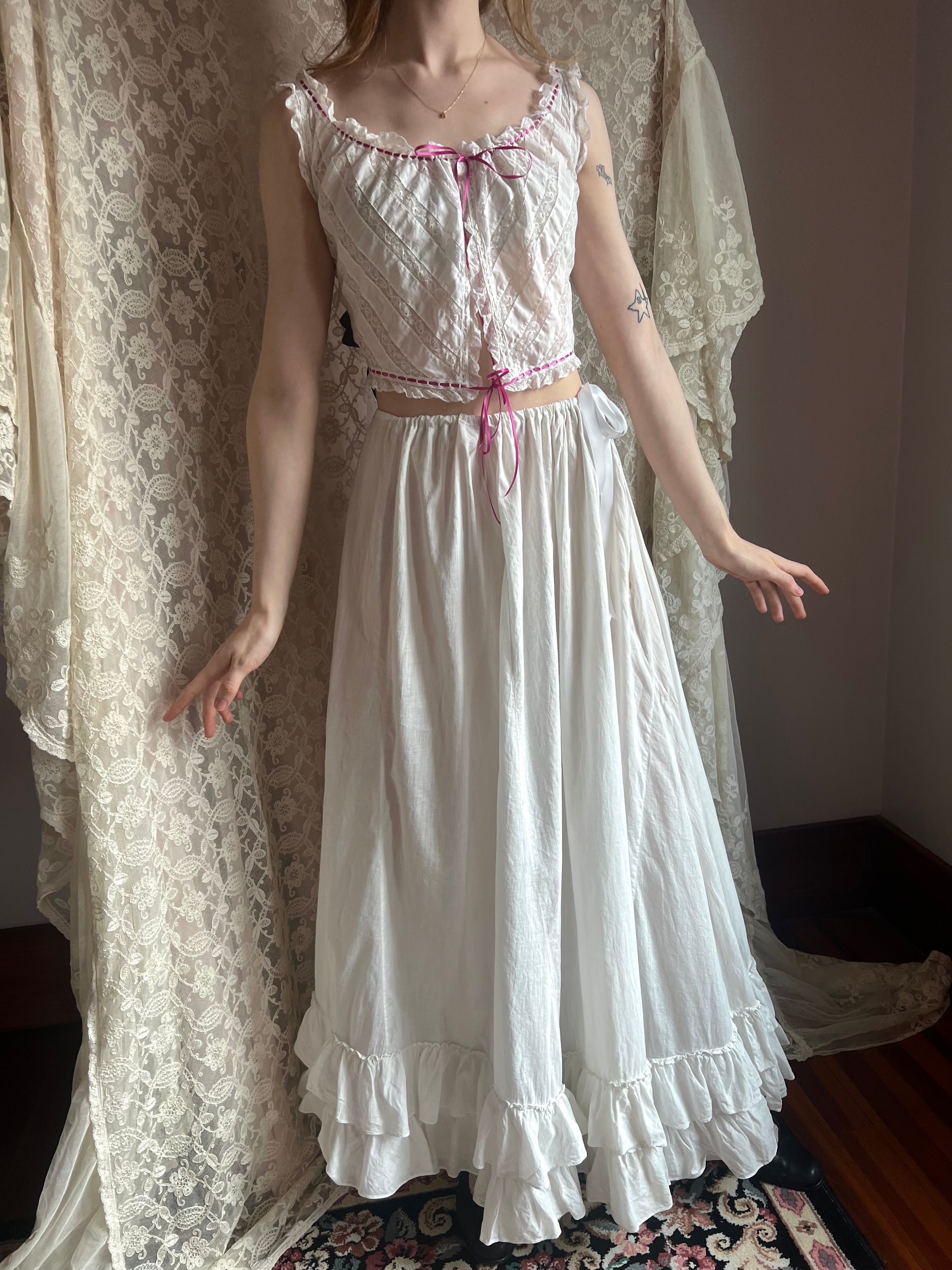 1900s White Cotton Skirt Petticoat Ruffle Hem Drawstring