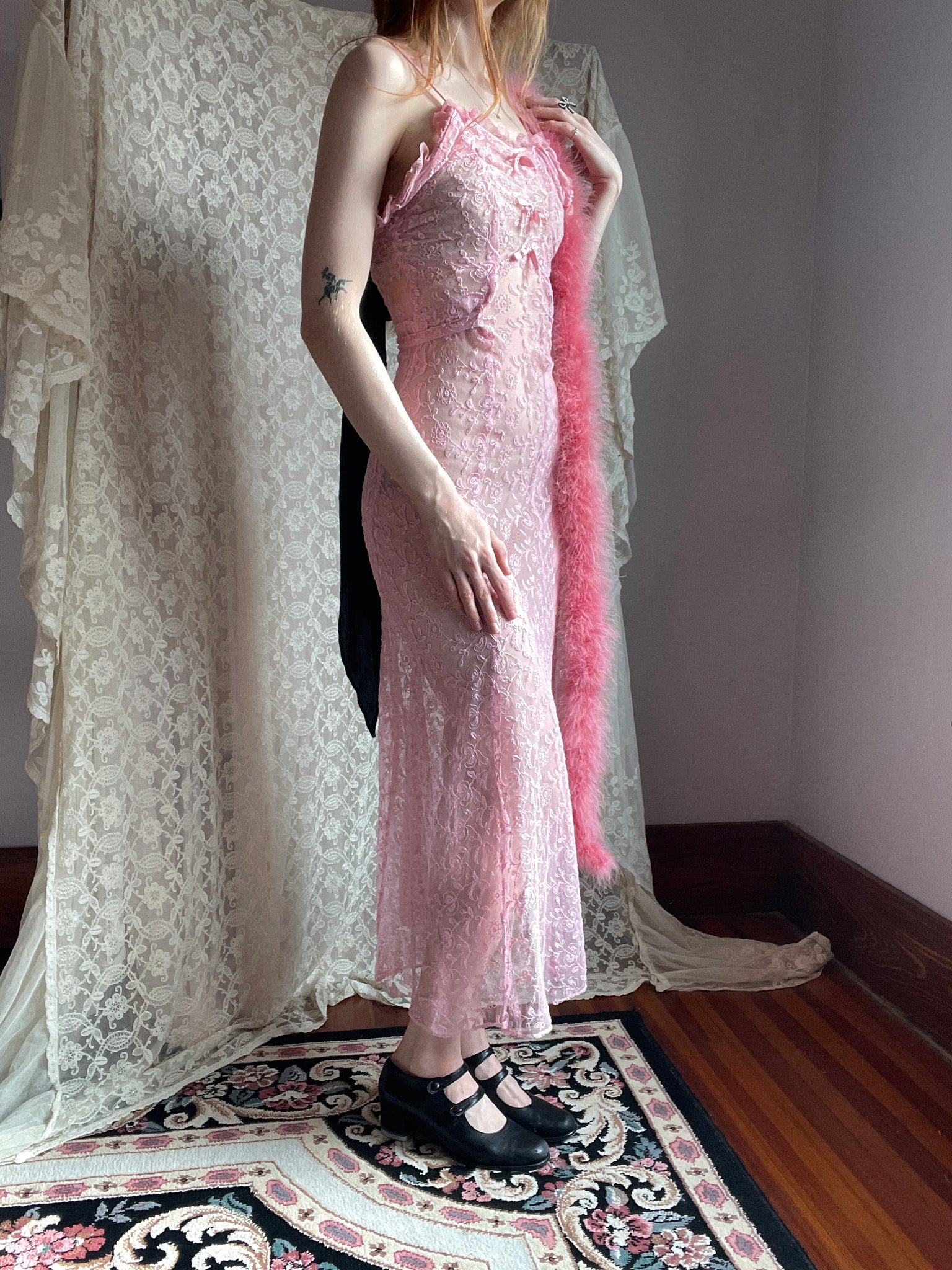 1930s Tambour Lace Embroidered Net Gown Bow Dress Dyed Pink Breath Of the Earth 1930s Tambour Lace Embroidered Net Gown Bow Dress Dyed Pink Breath Of the Earth
