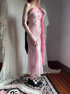 1930s Tambour Lace Embroidered Net Gown Bow Dress Dyed Pink