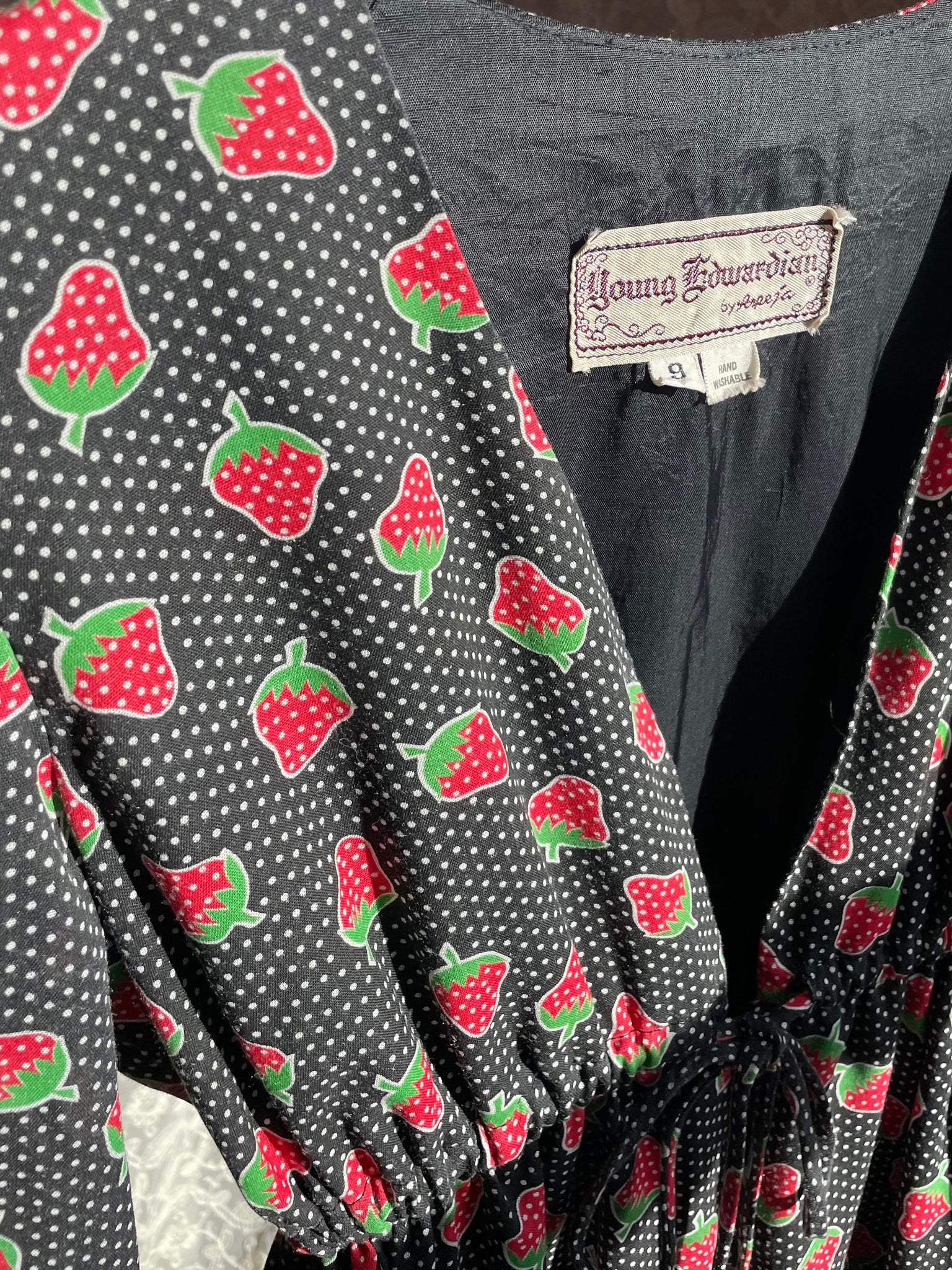 1970s Young Edwardian Strawberry Print Dotted Black Red Cotton Mini Dress