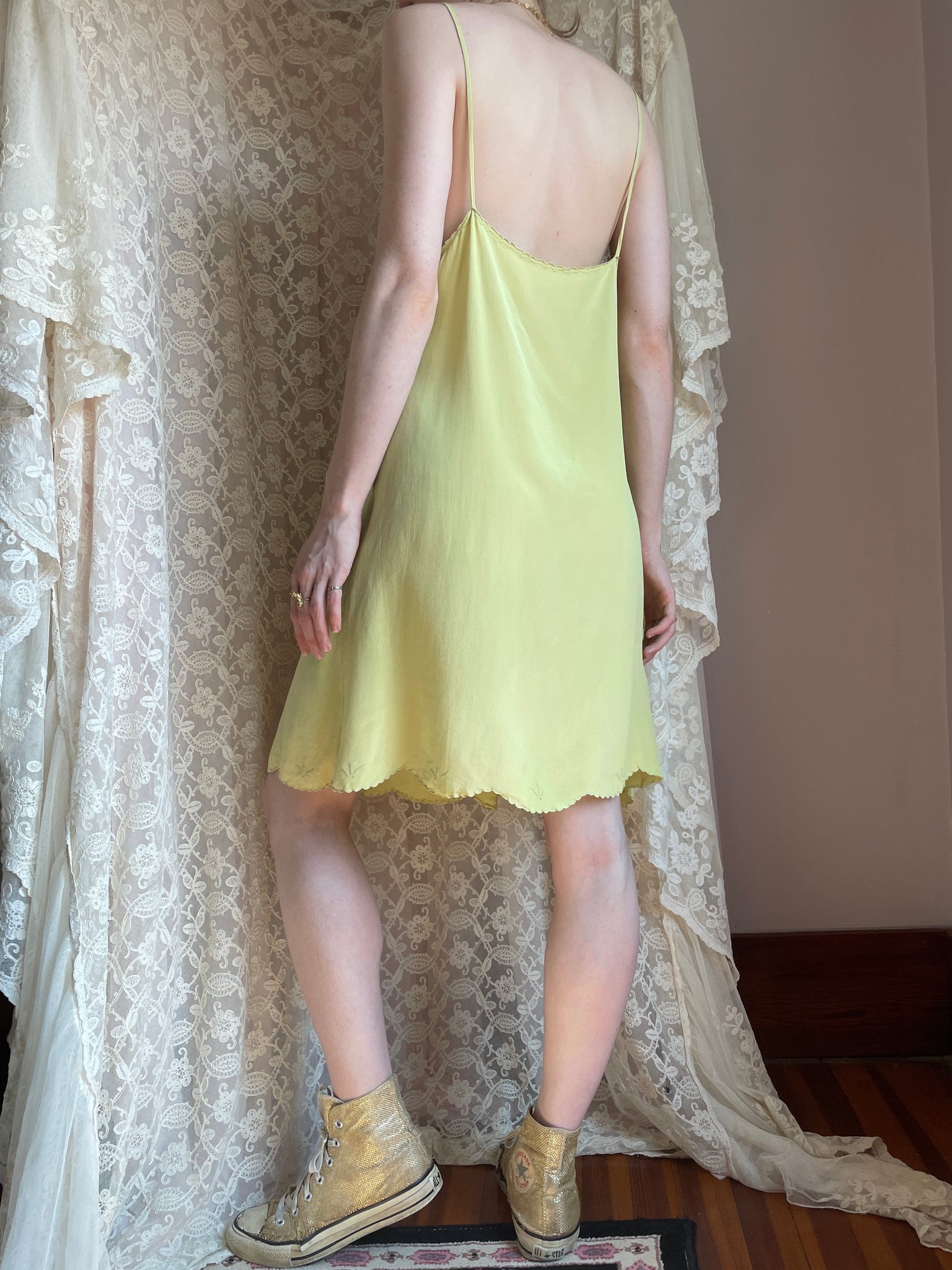 1930s Chartuese Green Silk Hand Embroidered Slip Dress