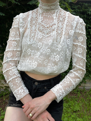 1900s Tambour Embroidered Mesh Bodice Blouse White Floral