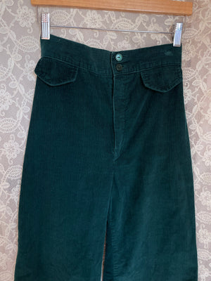 1970s Dark Green Emerald Corduroy Pants Wide Leg Bell Bottom