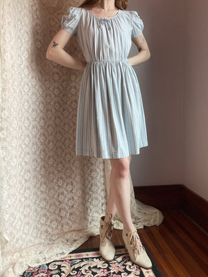 1940s Puff Sleeve Light Blue White Striped Dress