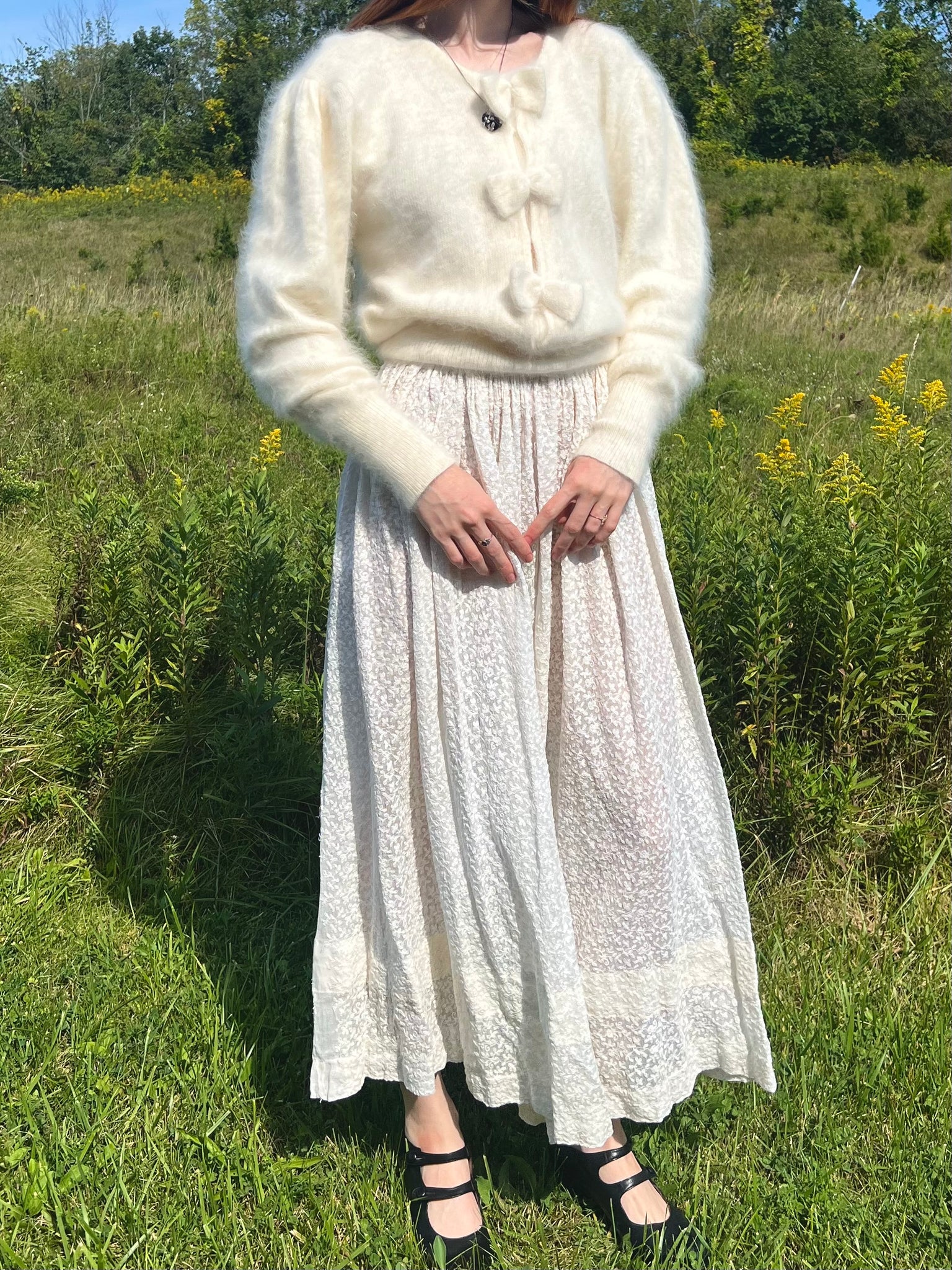 1930s Tambour Floral Embroidered Lace Skirt White Ribbon Tie