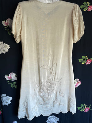 1930s Silk Floral Embroidered Mini Dress Cream Puff Sleeve Covered Buttons