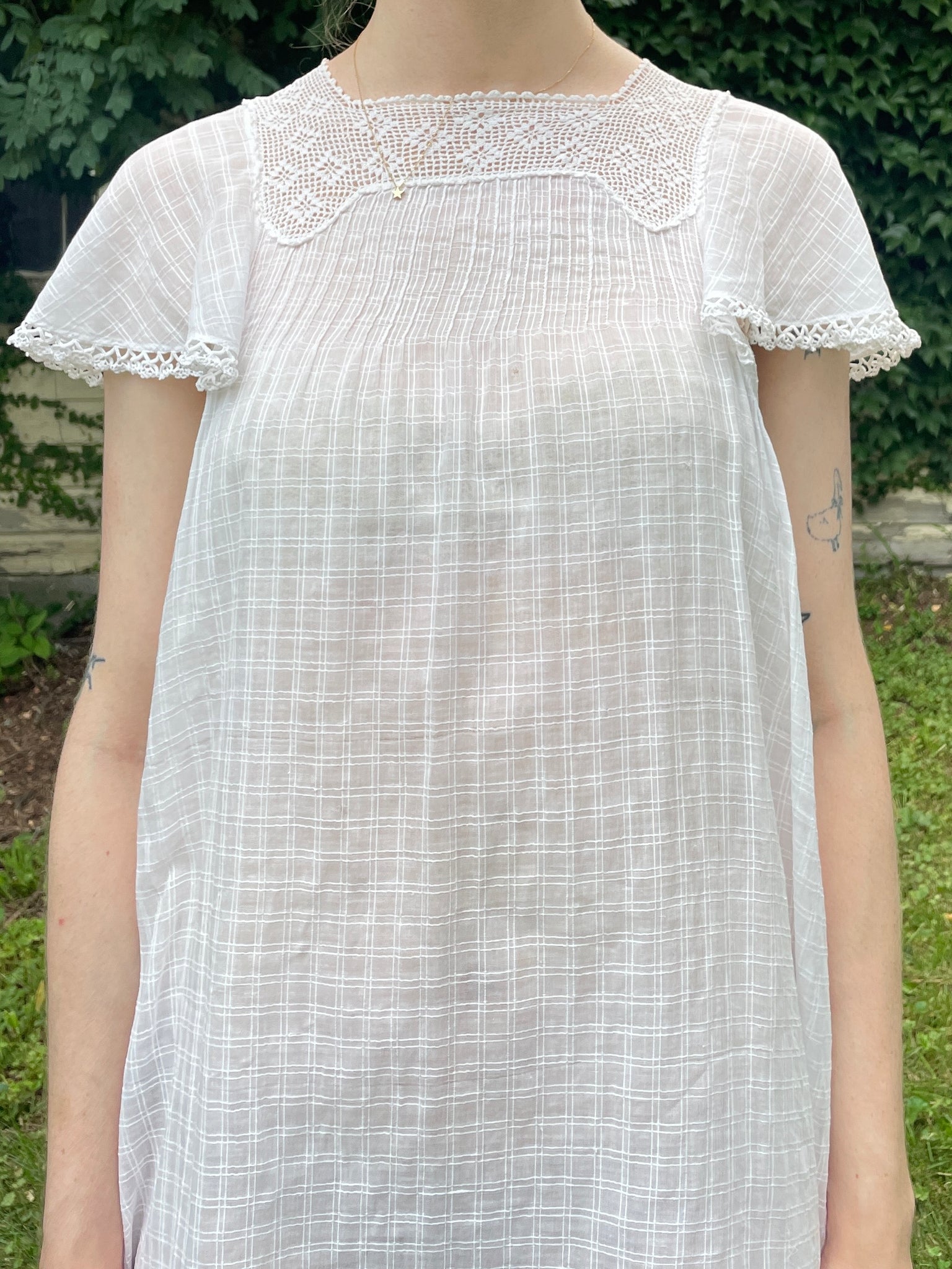 1920s White Cotton Windowpane Mini Dress Crochet Yoke