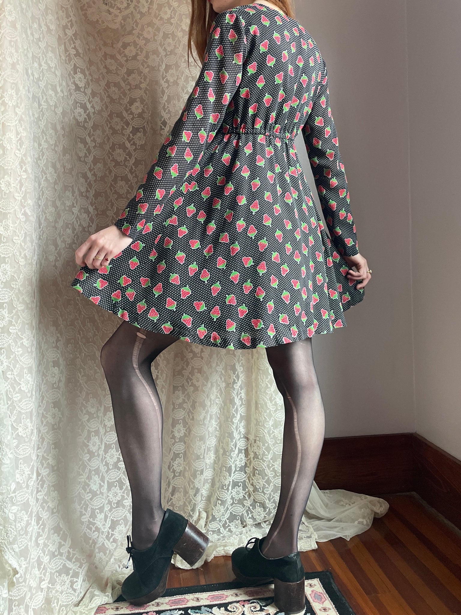 1970s Young Edwardian Strawberry Print Dotted Black Red Cotton Mini Dress