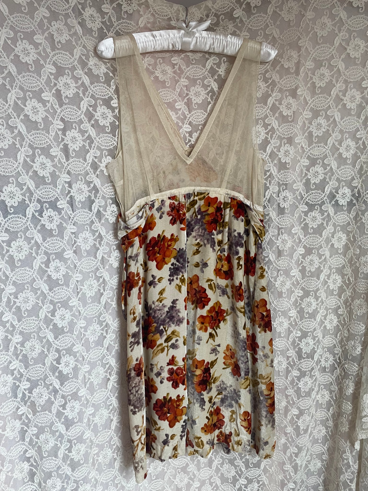 1930s Silk Velvet Net Dress Cream Orange Floral Sheer