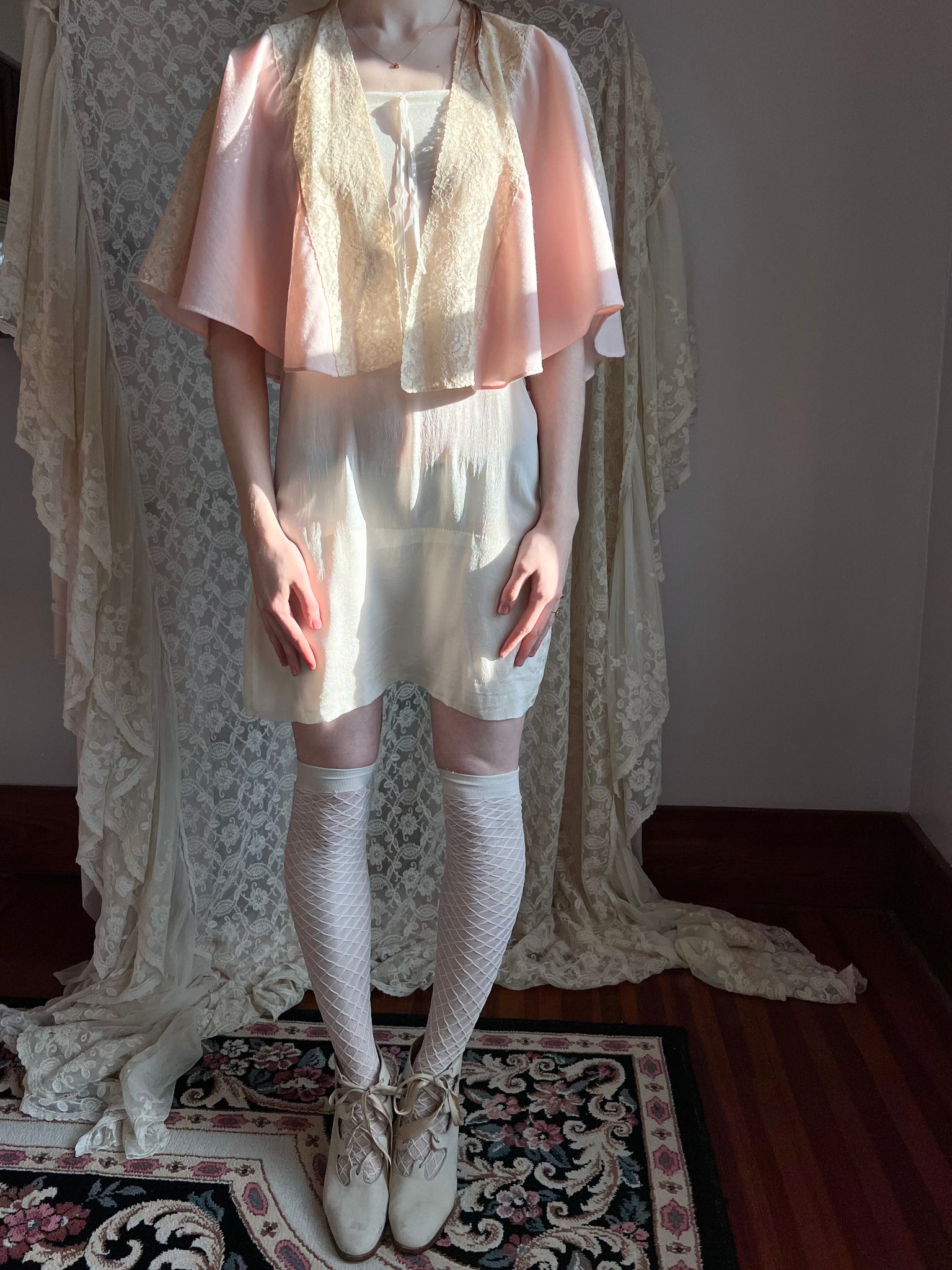 1930s Flannel Cape Pale Pink Ecru Lace