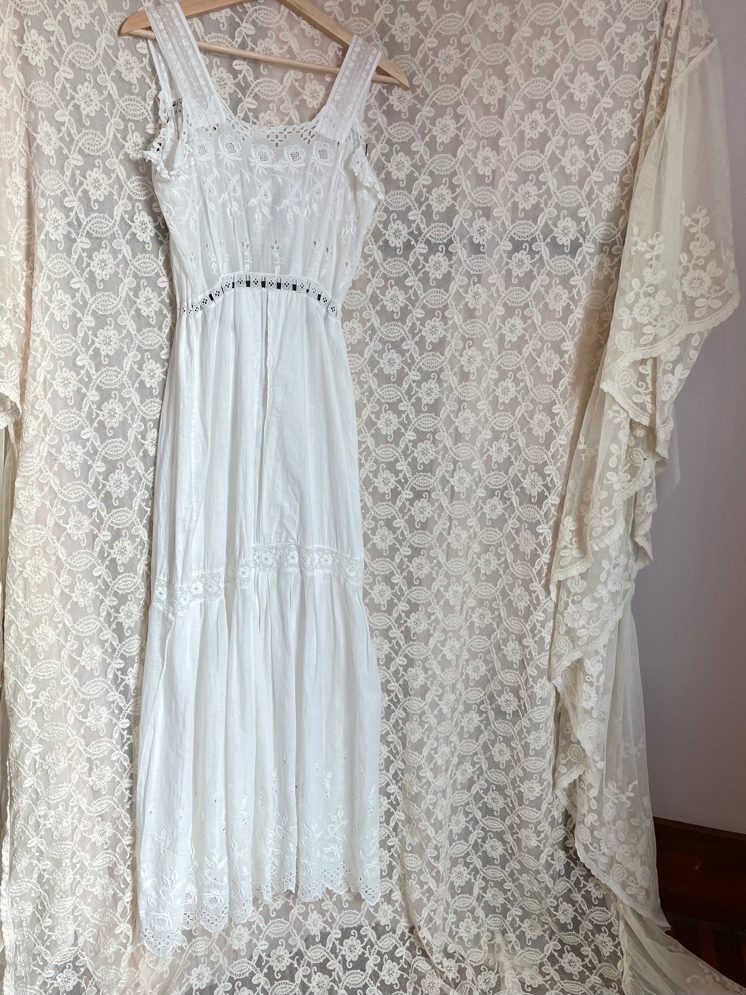 Antique Edwardian 1900s White Cotton Floral Embroidered Eyelet Black Ribbon Slip Dress