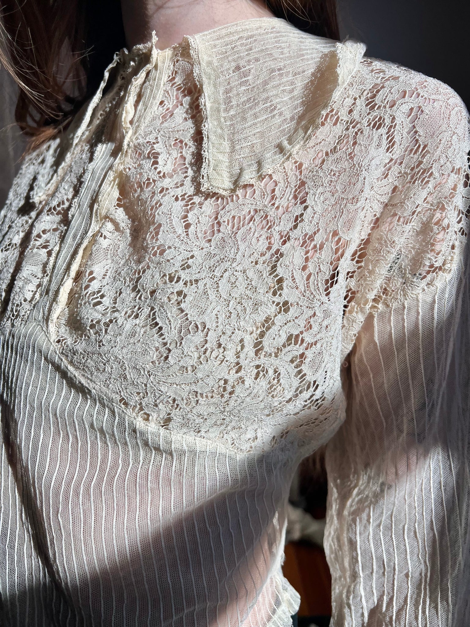1930s Mesh Net Pintuck Lace Collared Blouse