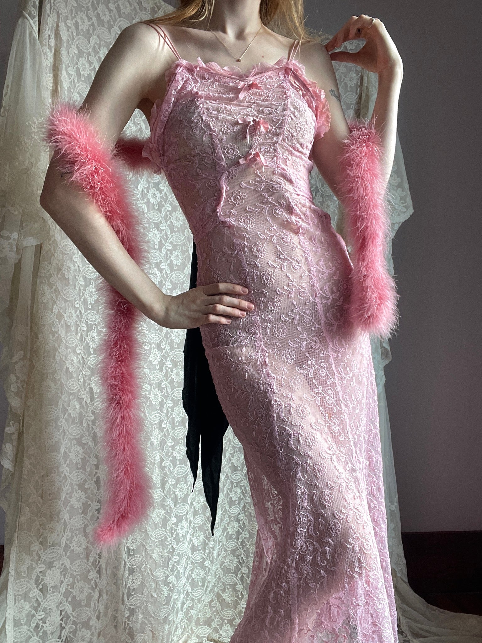 1930s Tambour Lace Embroidered Net Gown Bow Dress Dyed Pink