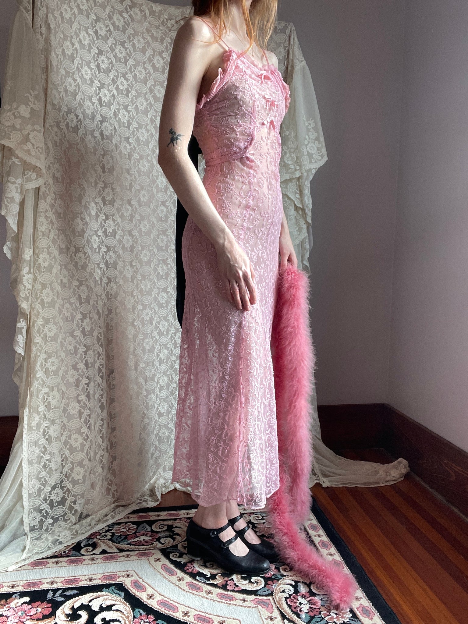 1930s Tambour Lace Embroidered Net Gown Bow Dress Dyed Pink