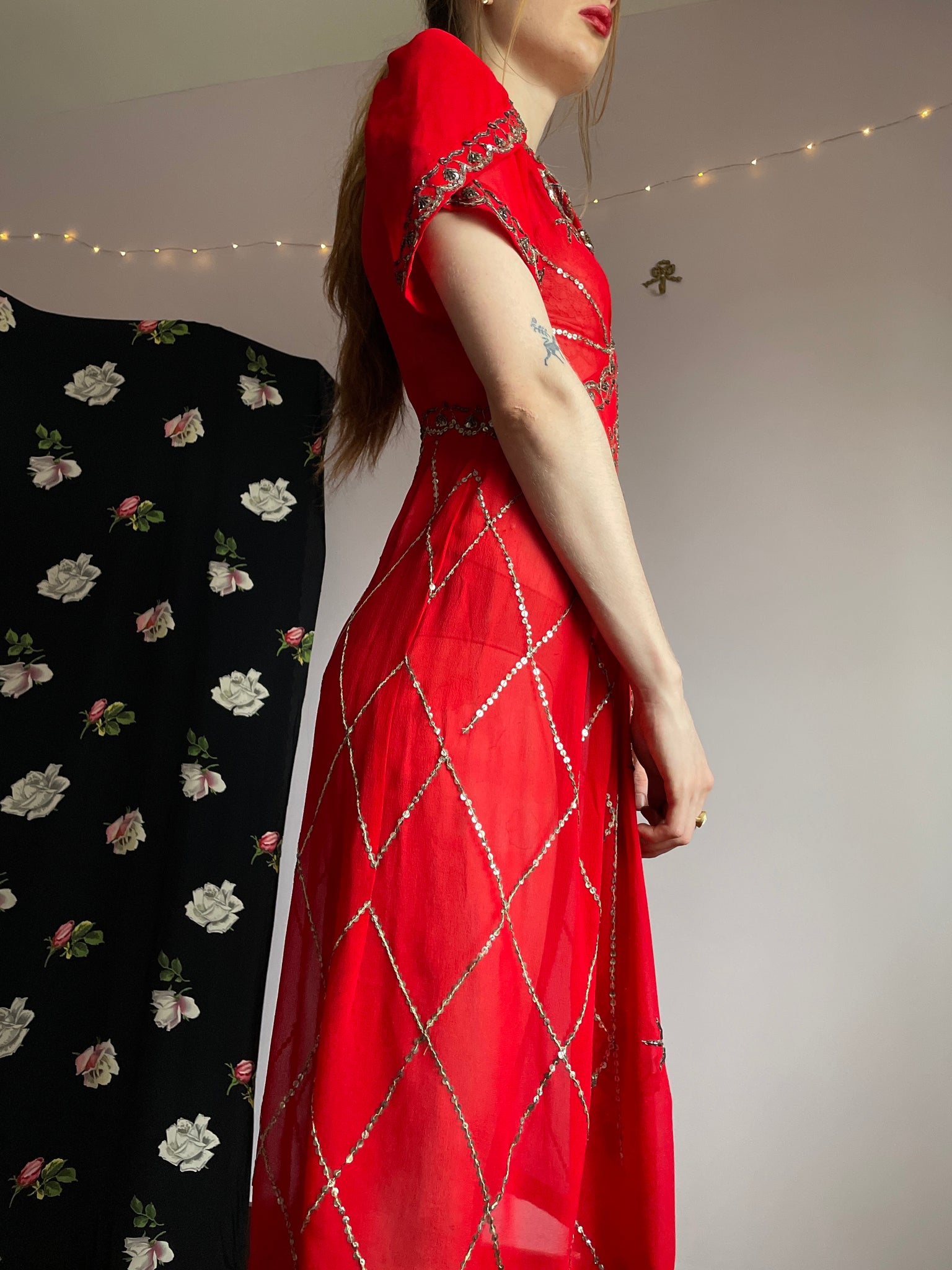 1940s Red Silk Chiffon Sequin Embroidered Dress Tulip Puff Sleeve