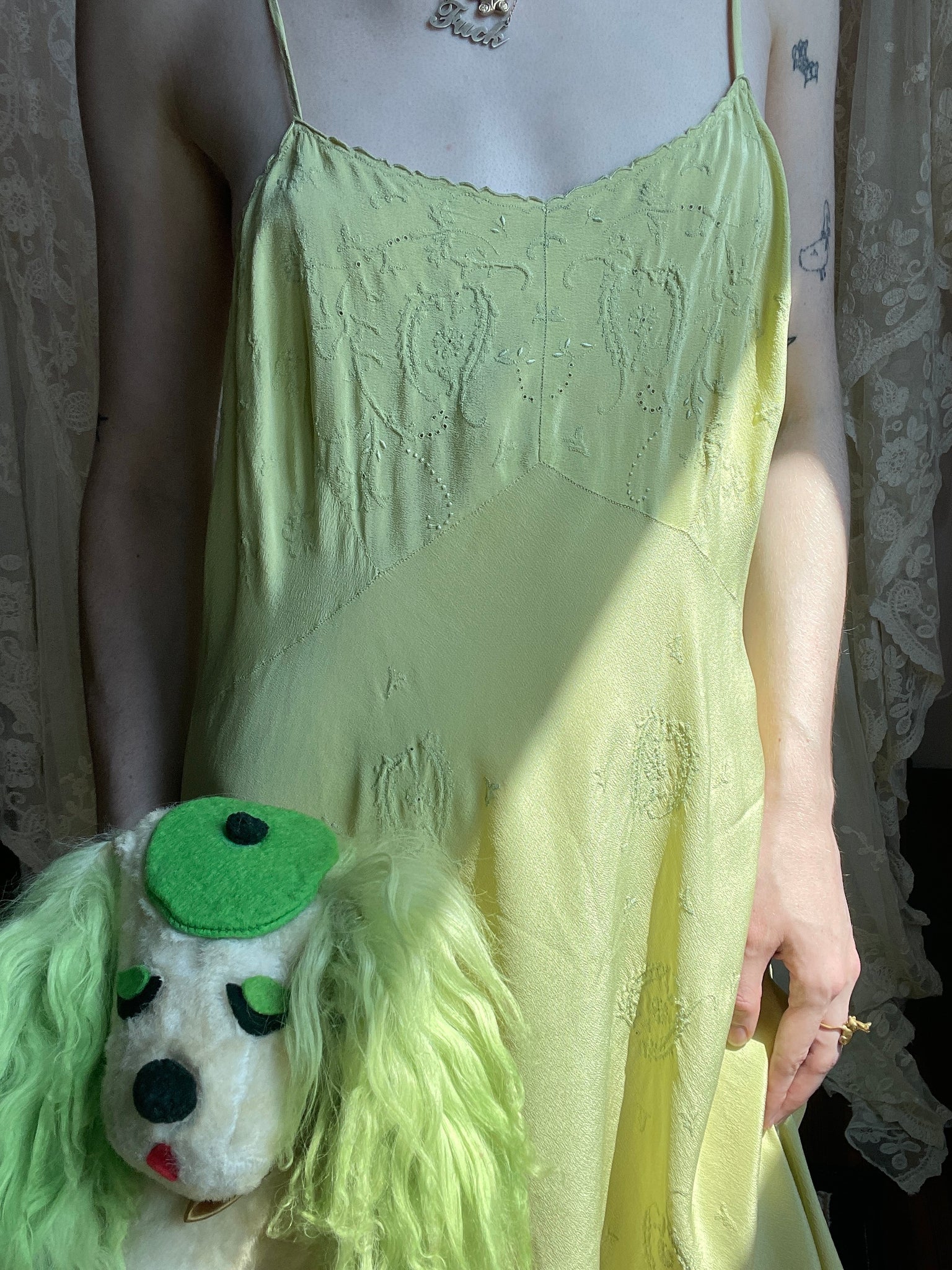 1930s Chartuese Green Silk Hand Embroidered Slip Dress