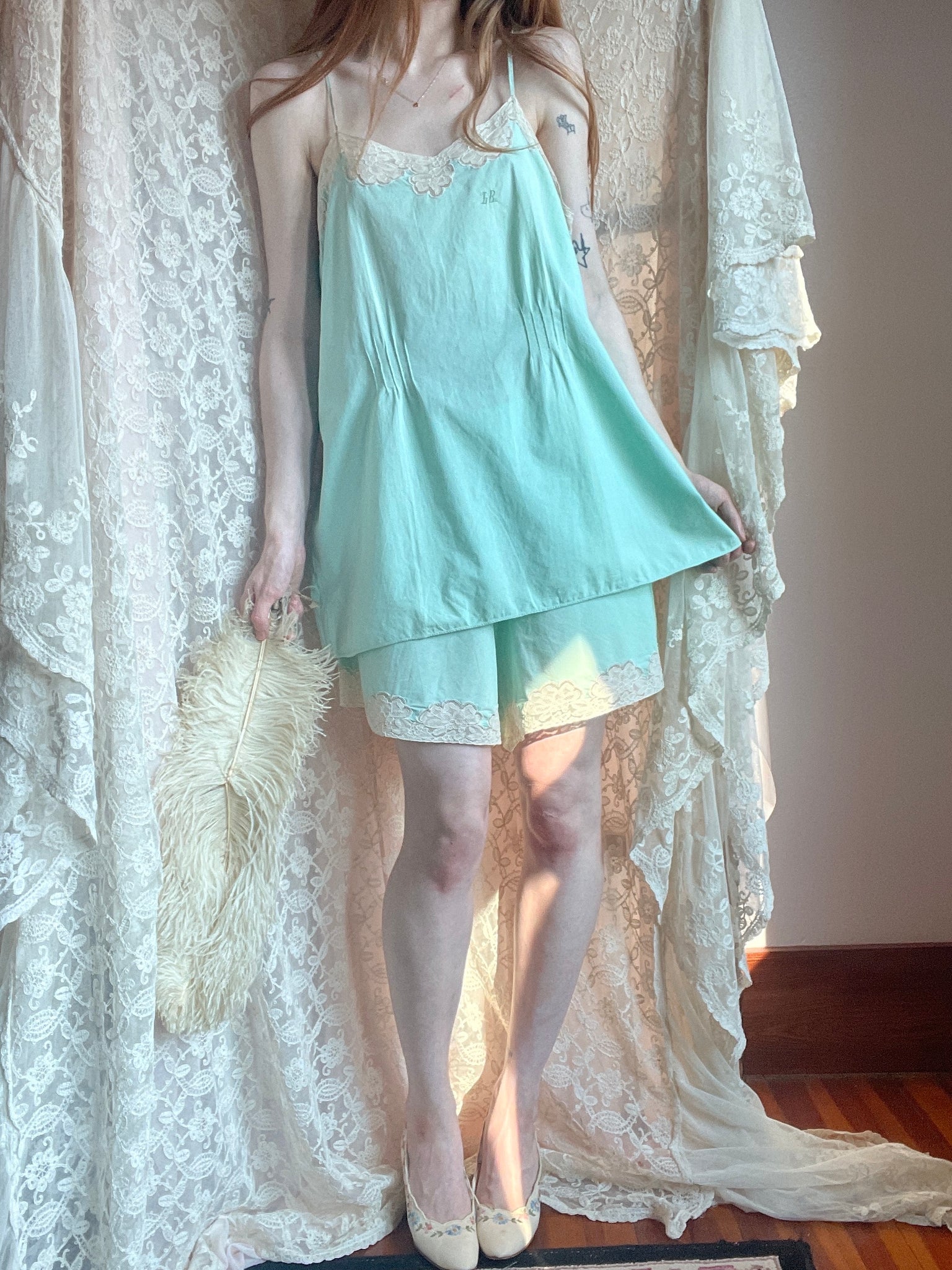 1930s Cotton Mint Green Top and Shorts Set Monogram Lace