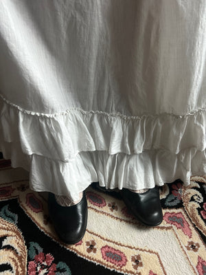 1900s White Cotton Skirt Petticoat Ruffle Hem Drawstring Ribbon Waist