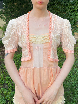 1930s Tambour Lace Bolero Leaf Embroidery Cream Peach Trim