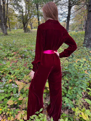 1970s Maroon Red Velvet Jumpsuit Flared Wide Leg Collared