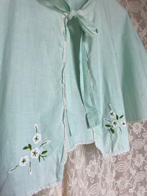 1930s Light Blue Green Cotton Embroidered Floral Cape Lace Trim