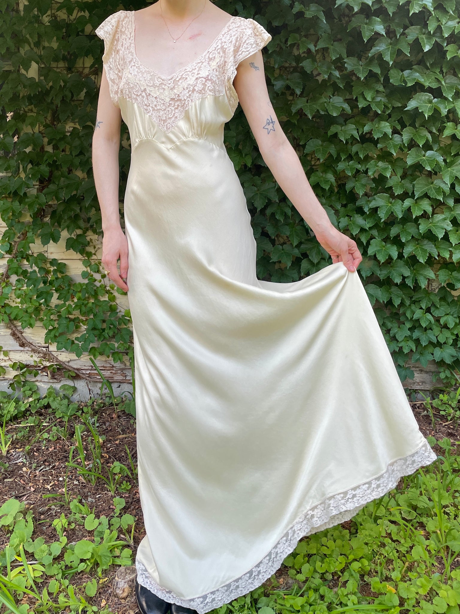 1930s Cream Silk Bias Cut Slip Dress Floral Appliqué