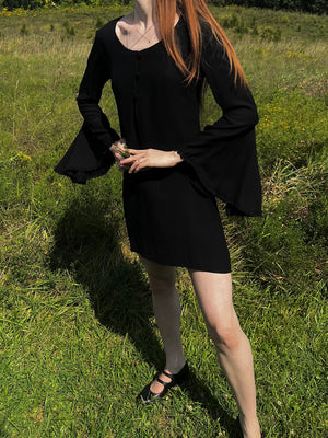 1970s Young Edwardian Black Crepe Bat Wing Sleeve Mini Dress Lace Trim Breath Of the Earth 1970s Young Edwardian Black Crepe Bat Wing Sleeve Mini Dress Lace Trim Breath Of the Earth