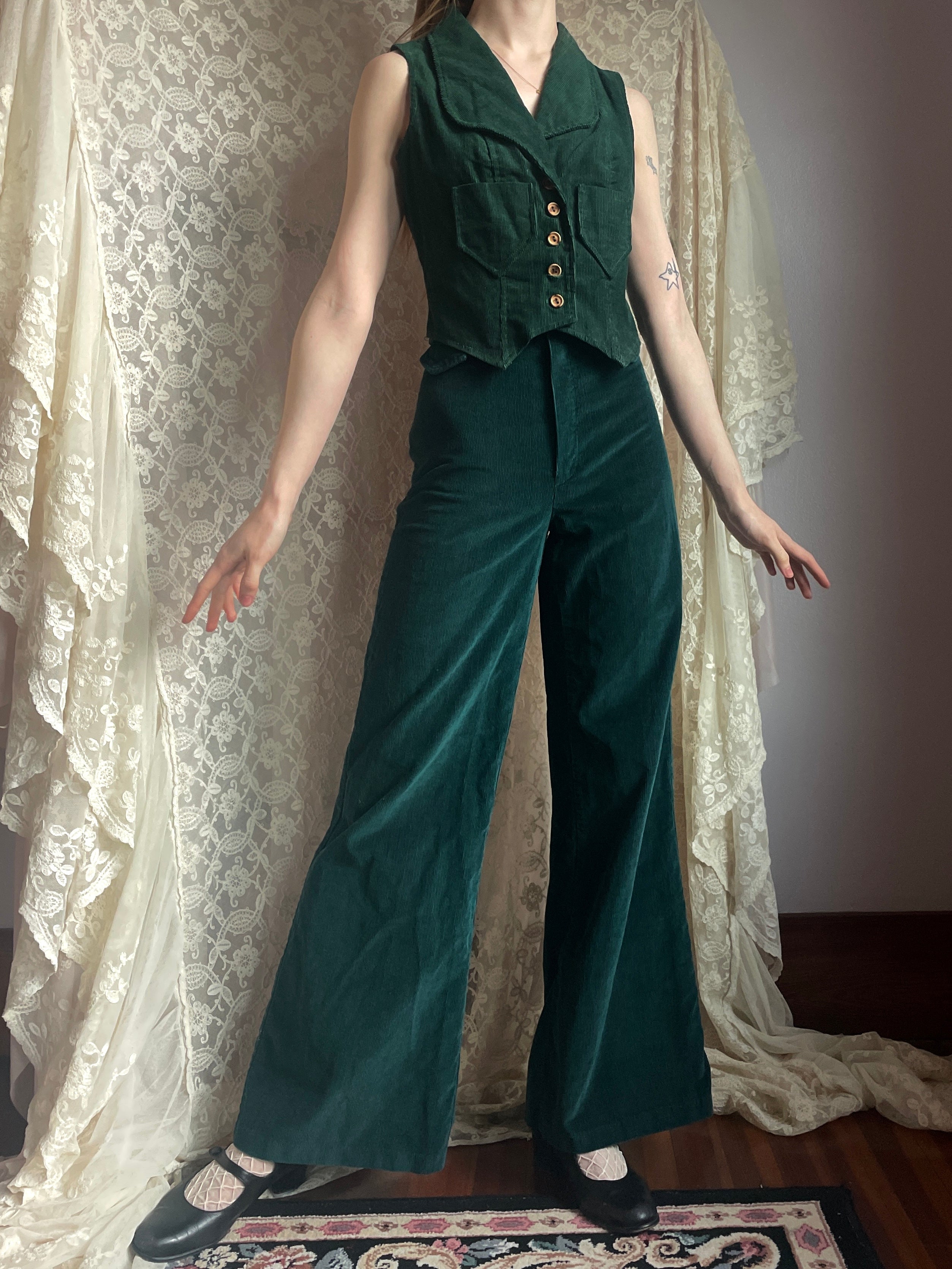 1970s Dark Green Emerald Corduroy Pants Wide Leg Bell Bottom
