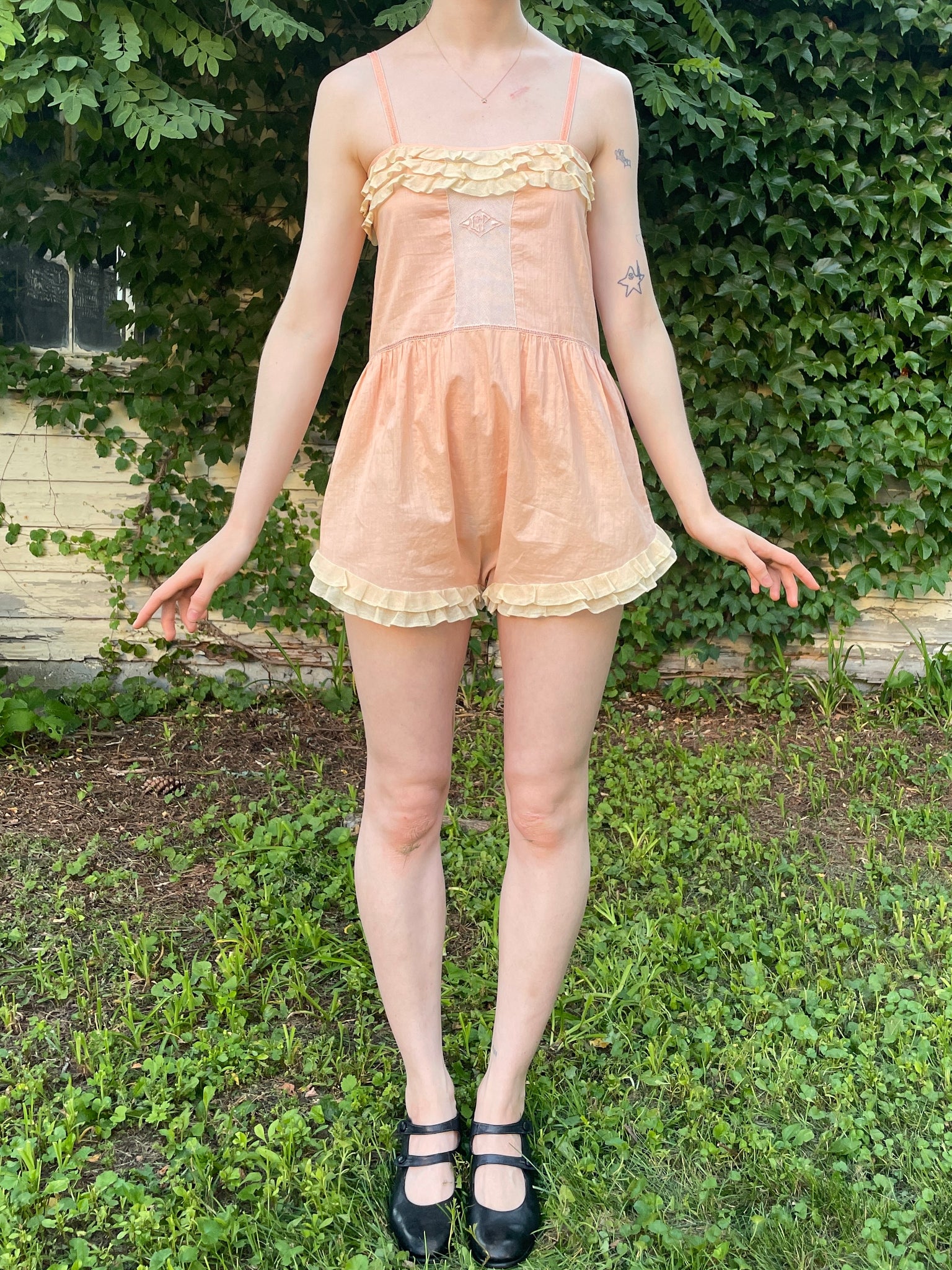 1930s Peach Ruffle Step In Monogram Cotton Teddy